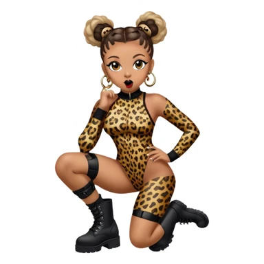 Melanie Brown with her hair in space buns and wearing a tight leopard print bodysuit and black combat boots, showing her tongue ring sticker