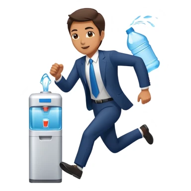 Business executive running marathon in suit next to water cooler sticker