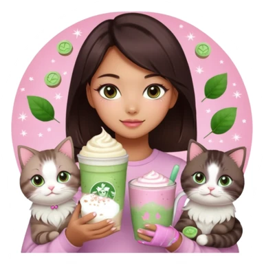 asian girl with shoart dark brown hair with a soft girl pink glowup aesthetic. matcha latte sparkles girly things, 2 ragdoll cats, skincare, makeup, money, luxury sticker