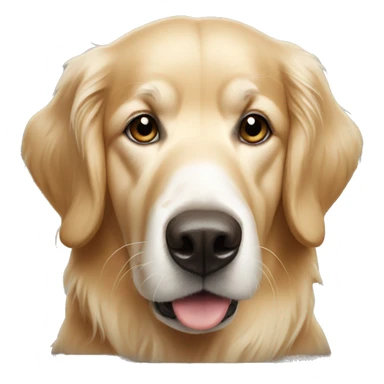 Old golden retriever with white face sticker