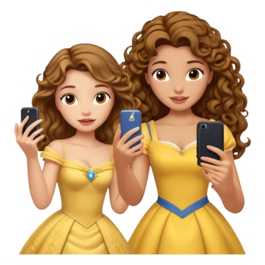 Haz un dos chicad una la princesa Bella de Disney y la otra uo con el pelo rizado largo haciendose un selfie como si et UVI ETB en el perquè de isney sticker