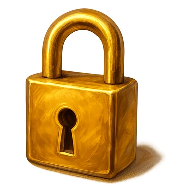 В cлегка рисованной, но при этом объемной и яркой стилистике сгенерируй картинку фотореалистичного полностью золотого замка (замок который для ключей), прозрачный фон sticker