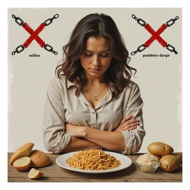 realistic style woman with crossed arms, face turned away, in front of a plate with bread, pasta, rice, and potatoes, symbols of refusal including a red Italian X and chains, Italian text if present sticker