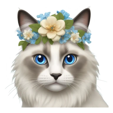 Realistic ragdoll cat with blue eyes wearing flowers  sticker