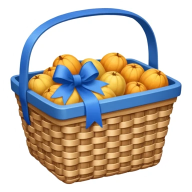 A basket with a blue ribbon on the handle sticker