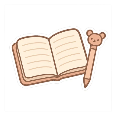 notebook open flat, simple pen with ears on the side, chibi stickers style, transparent background sticker