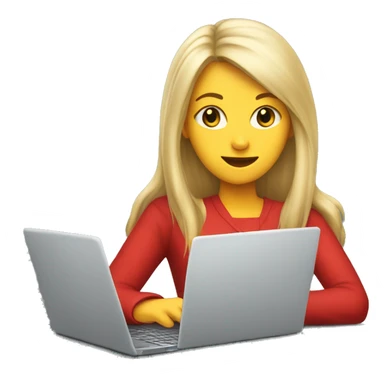 Young white woman in red, long blonde hair with bang, writing on laptop sticker