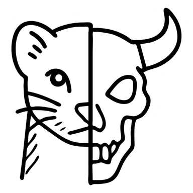a red minimalist icon with sophisticated line art showing left half of stoat face with detailed fur merged with right half of minotaur skull with broken horn and glowing eye, no letter included, just the two halves meeting in the middle with precise detailed lines sticker