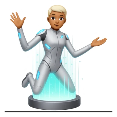 Make the background fully transparent while keeping the person teleporting and machine in an emoji style. sticker