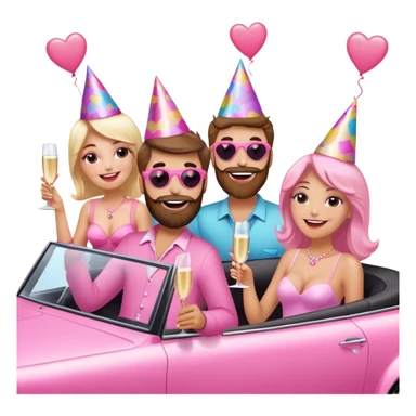 A bearded man and three women in a pink convertible with hearts blowing behind it sticker