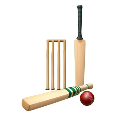 A cricket bat and ball resting on a well-manicured pitch, with the stumps and bails in the background. The scene emphasizes the traditional elements of the game, with the bat poised for a shot and the field reflecting a calm, competitive atmosphere. sticker