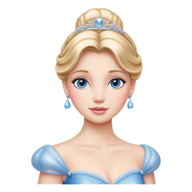 Cinematic Realistic Cinderella Portrait, depicted with lifelike skin texture, subtle rosy undertones, and soft natural lighting that enhances the gentle contours of her face. Her intricately detailed golden blonde hair is elegantly styled in an updo, with delicate wisps framing her face. Her deep, expressive blue eyes radiate warmth and sincerity, reflecting a quiet resilience and grace. She holds a glass slipper gently in one hand, her other hand resting gracefully at her side, emphasizing the timeless beauty of the moment. She is dressed in her iconic ball gown, the fabric shimmering with intricate embroidery and fine translucent layers that catch the light beautifully. The soft sheen of satin gloves adds a magical touch to her graceful pose. The portrait features an enchanting glow with a natural, luminous finish, seamlessly blending realism and fairytale charm to evoke a sense of depth, elegance, and timeless beauty. sticker