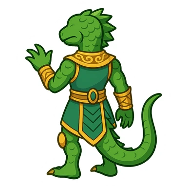 Create a full body reptilian humanoid in an ancient outfit, shown from the back view. Match the style and details of the provided reference image but adapt it to the emoji style. The image should have no background. sticker