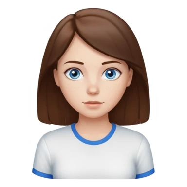 Create an emoji of a white Girl with brunette hair blue eyes faint freckles and hair to her chest wearing a white shirt sticker