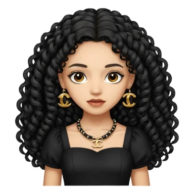 Light skin girl with black very long curly hair, brown eyes, black Chanel dress sticker