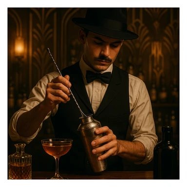 A speakeasy bartender, vintage 1920s attire, mixing a cocktail, moody lighting, art deco details. sticker