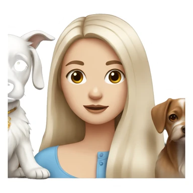 white girl with brown long hair and a small white dog sticker