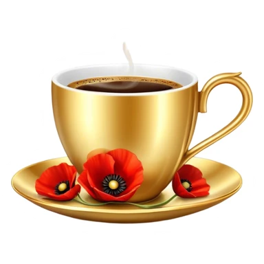 A luxurious golden coffee cup with an elegant curved handle, filled with steaming espresso. The light reflects off its metallic surface, creating a cozy and sophisticated ambiance and red poppies  sticker