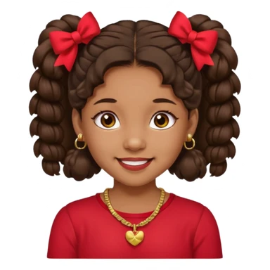 Brownskin girl dark brown hair fluffy. pigtails with red bows brown eyes smiling closed mouth red shirt gold esrrings gold necklace sticker