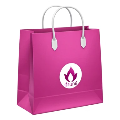 bolsa de papel fucsia con asas blancas y en el centro de la bolsa el logo de druni perfumerias en color blanco sticker