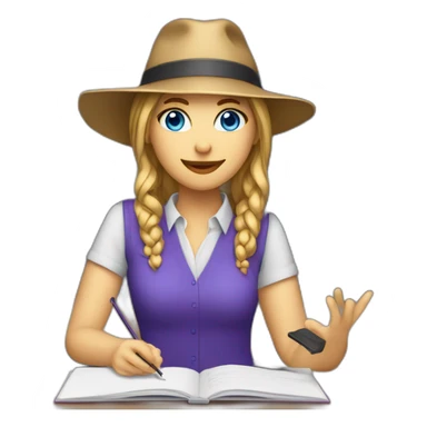 White female long har vivid blue eyes purple shirt violinist with laptop and teacher hat sticker