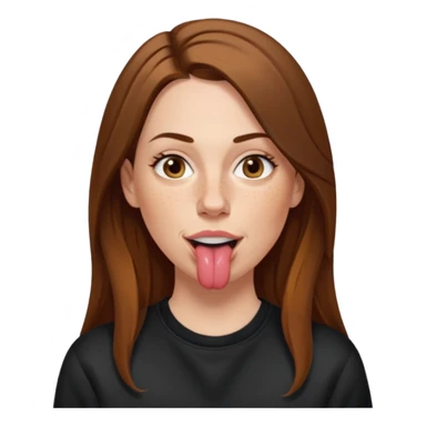 A 38 year old white woman with long brunette hair parted in the middle. She has her nose pierced. Her nose is medium sized. She has brown eyes. She has freckles and is wearing a black sweatshirt and is sticking out her tongue. sticker