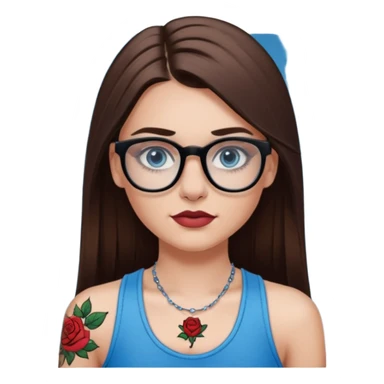 White girl with long straight brown hair and blue eyes wearing plastic frame glasses that go from black to clear ombré from top to bottom. Stud nose piercing on right side of nose and a septum piercing. Wearing black tank top. Rose tattoo on right arm. sticker