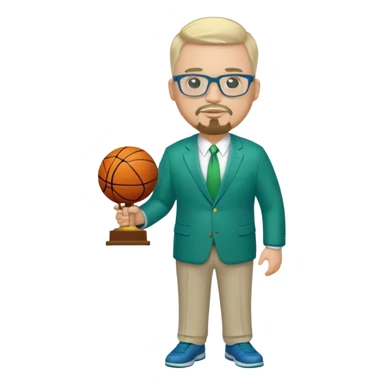 Full Body white fat male  wearing glasses with a goatee with light blonde gray very short hair basketball head Coach in blue and green suit holding trophy sticker