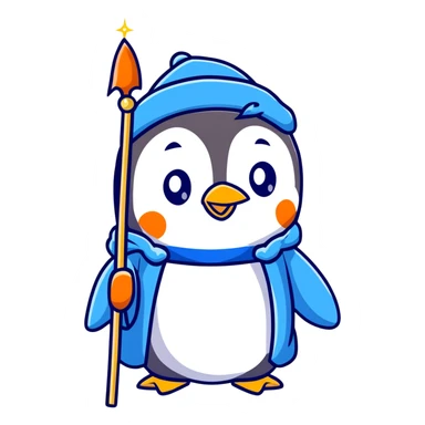 cartoon penguin wizard with a blue robe and sparkly hat, holding a glowing staff sticker
