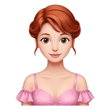 Cinematic Radiant Sleeping Beauty Portrait Emoji, rendered in a realistic, vector style with clean proportions. Show Aurora with a gentle smile, porcelain skin, and beautifully styled auburn hair, wearing her classic pink gown. The image glows with a soft, inviting radiance and high shine, accentuated by a soft glowing outline that enhances her graceful charm. sticker