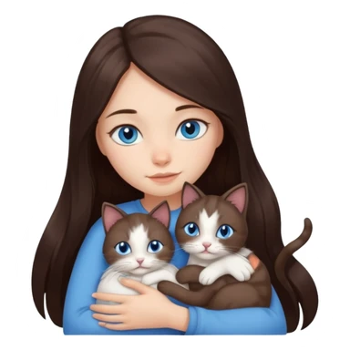 a girl with long dark 
brown hair, with blue eyes, hugs 3 different natural coloured small cats sticker
