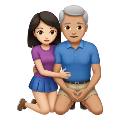 older man with dark hair on knees, facing dark haired woman in a micro mini skirt, hugging her waist sticker