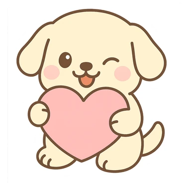 A cute white cream retriever hugging a pretty pink heart pillow winking and playfully smiling, no background, cute style. sticker