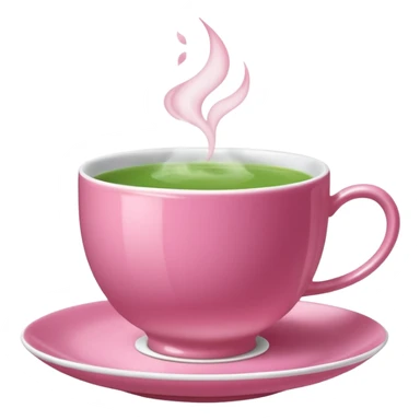 dark pink teacup filled with green tea, placed on a matching pink saucer, with gentle steam rising from the cup.  sticker