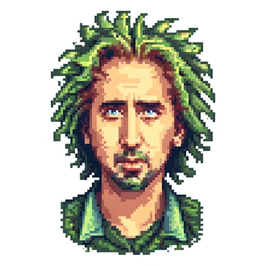 Nicholas Cage with wild hair, expressive face, pixelated, 8-bit color palette sticker