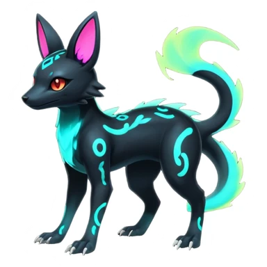 Rare realistic dark-neon glowing bioluminescent edgy badass epic pretty beautiful handsome gorgeous aesthetic colorful vibrant Vernid-Trico-Umbreon-Salandit-hybrid-species-Fakemon-creature by LiLaiRa, 4 legs, 1 tail, random markings, (full body) sticker