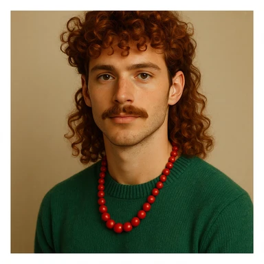 attractive man with red curly hair, curly mullet, and mustache, wearing a green sweater and a red necklace, in a visually appealing style sticker