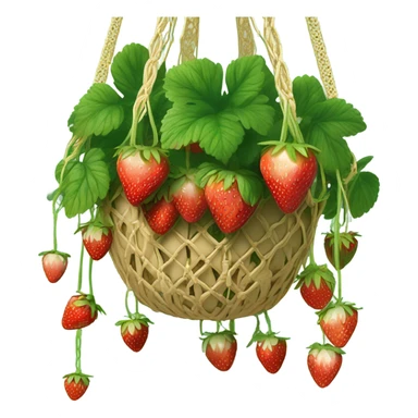 Hanging macrame gold planter with strawberries growing down  sticker