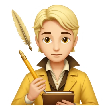 a romance novelist, romantic, dizzy, yellow tone skin, with a quill pen sticker