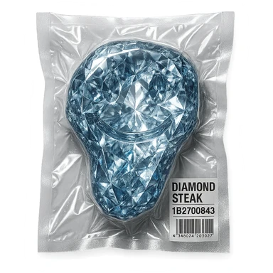 meat steak made of diamond, glossy and puffy, vacuum-sealed style sticker