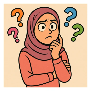 a hijabi girl with a puzzled expression, surrounded by '??', cartoon style, colorful and friendly sticker