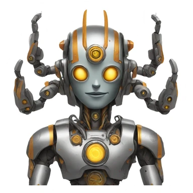 a high-tech metal robot with several arms like an indian god sticker