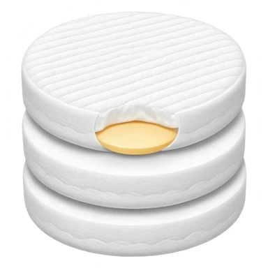small stack or pair of soft, round white cotton pads, slightly textured with gentle quilted or smooth surface, soft edges, subtle layering to show thinness and softness, clean minimal 3D look, soft lighting, no packaging or extra elements, no faces, transparent background, emoji scale sticker
