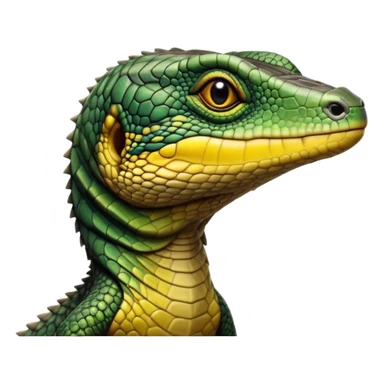 cinematic-realistic-cute-monitor-lizard-portrait-emoji,-head-tilted-playfully-and-inquisitively,-featuring-a-compact,-agile-body-with-finely-detailed,-glossy-scales-in-earthy-black and yellow-hues-and-a-distinct,-alert-face-with-bright,-curious-eyes, black , yellow spotted and green band  scales and a big long neck sticker
