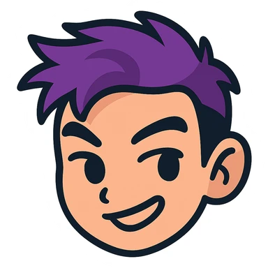 Transform the face in the reference image into a cute emoji-style icon with minimalistic, bold lines, bright colors, and a playful, expressive look suitable for a small emoji. Keep the confident, mischievous expression and purple hair. Remove the background. sticker