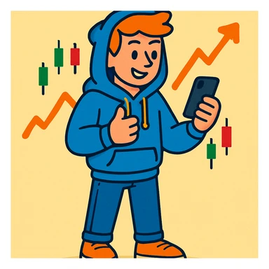 a trader character, casual tech startup style, hoodie and jeans, holding a smartphone sticker