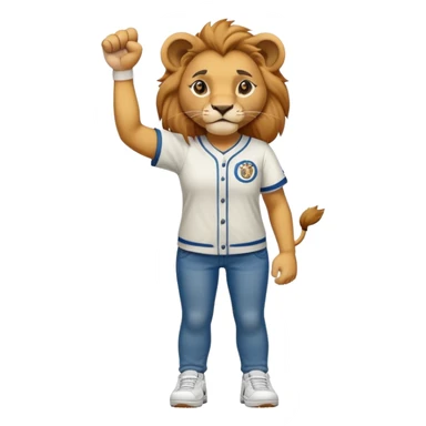 friendly anthropomorphised female lion wearing a baseball shirt, jeans, trainers, standing upright with one fist raised, looking determined and confident sticker