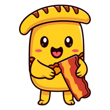 tongue out emoji holding a bacon strip, exaggerated expression sticker