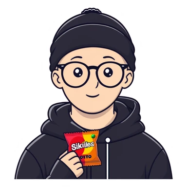bald white guy with glasses, wearing a black beanie, black hoodie, eating skittles, rainbkw sticker