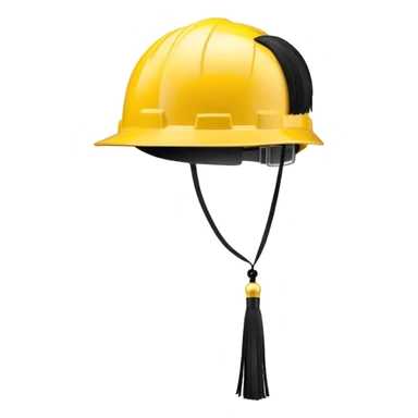 A bright yellow hard hat with a small black tassel hanging from one side, combining the traditional graduation cap with an engineer's safety helmet. The helmet has realistic ridges and a sturdy design, symbolizing construction, engineering, and technical expertise. The tassel is slightly swaying, adding a graduation touch. The background is plain white. sticker